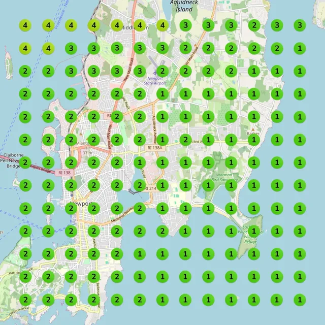 Rooster Roofers Google Maps rank heatmap after Paige: mostly top 3 across the area