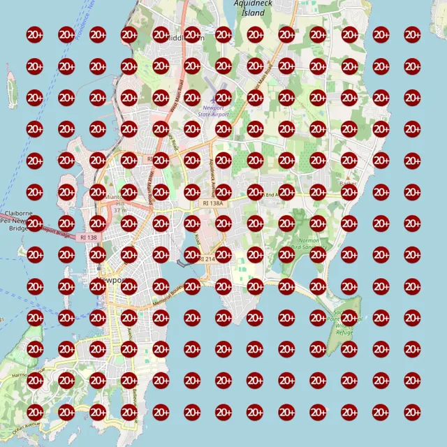 Rooster Roofers Google Maps rank heatmap before Paige: mostly 20+ across the area