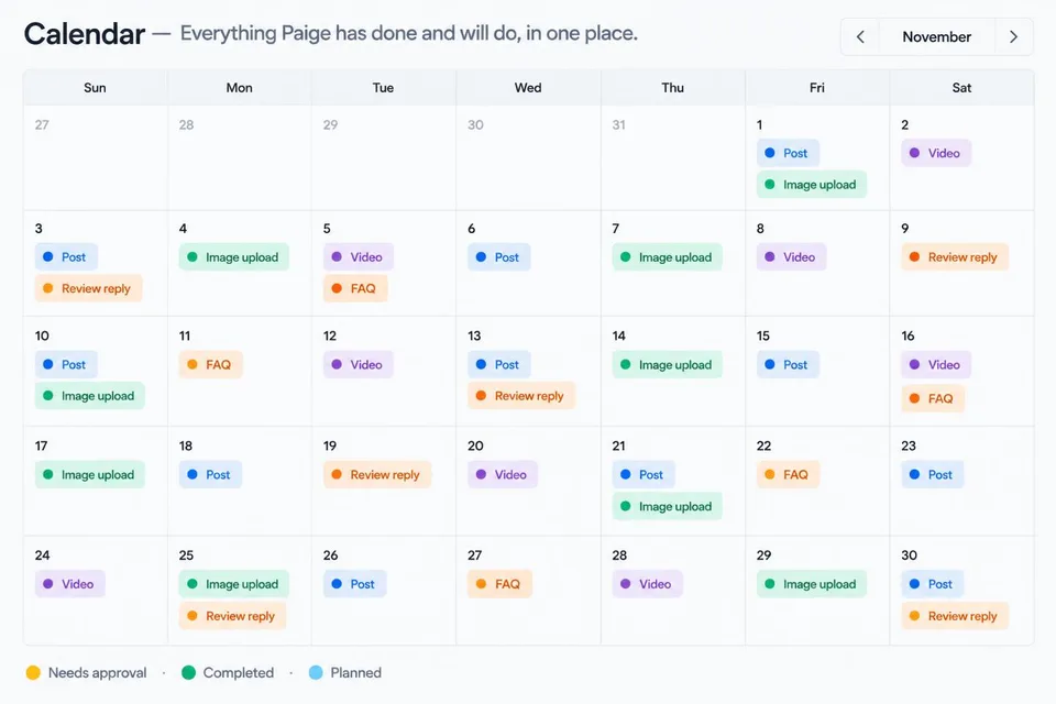 Sample screen: monthly calendar of posts, videos, images and review replies