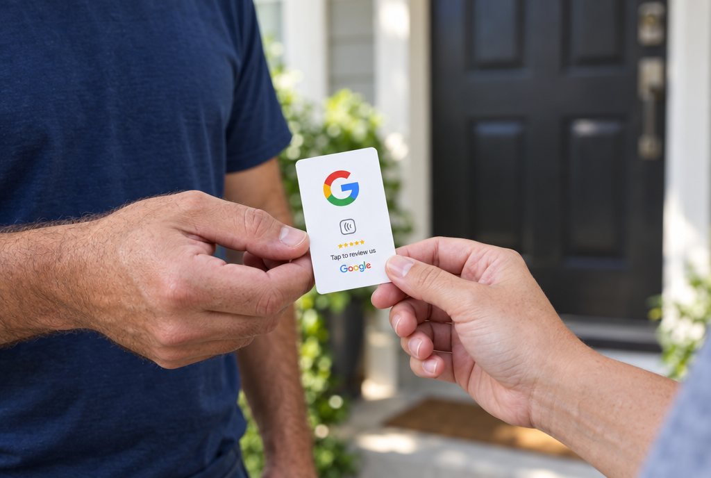 A technician hands a Google review card to a homeowner