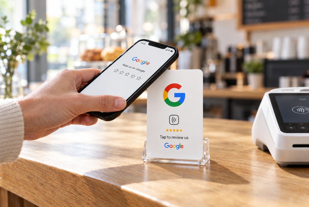 A customer taps their phone on a Google review NFC card at a cafe counter