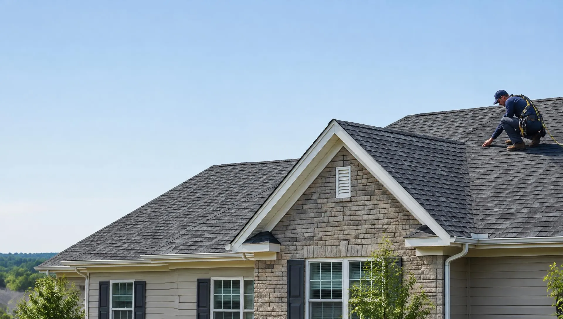 Illustration of a roofer working on a suburban home