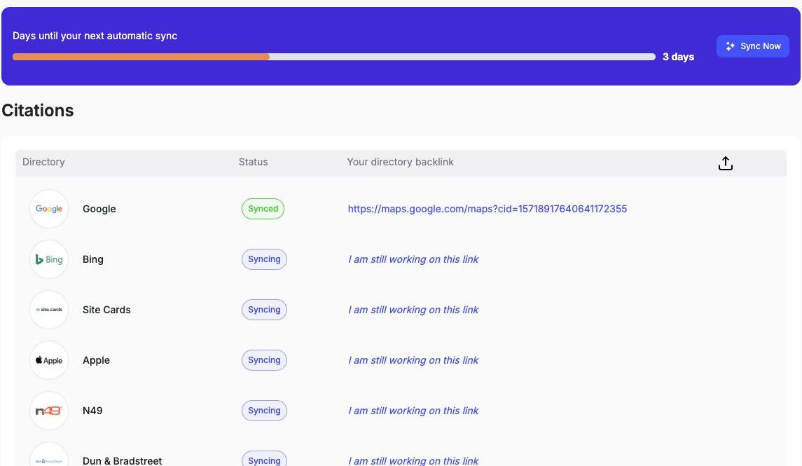 Every directory’s sync status and a link to your listing