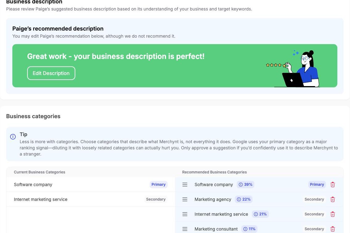 Your description and categories, checked against top-ranking profiles