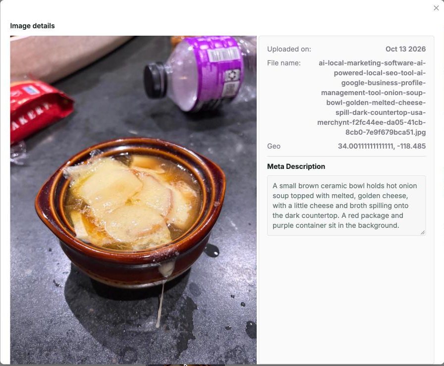 Every photo gets a keyword-rich file name, a location and a description