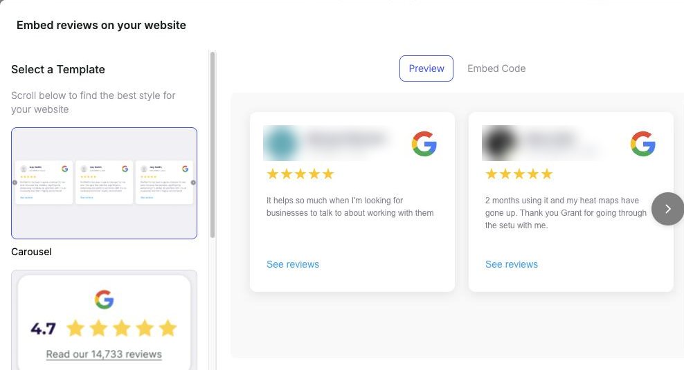 Pick a review widget style, preview it, then copy the code