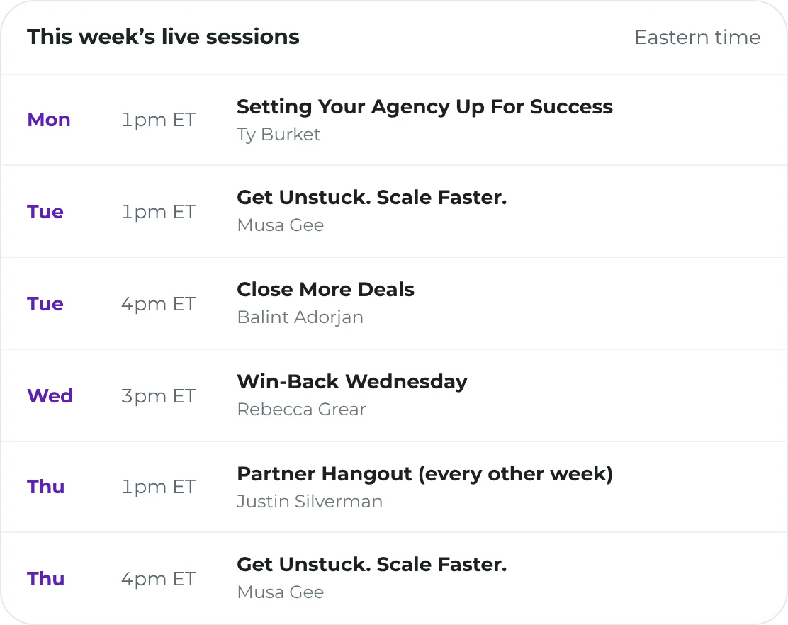 This week’s live partner sessions, Monday to Thursday