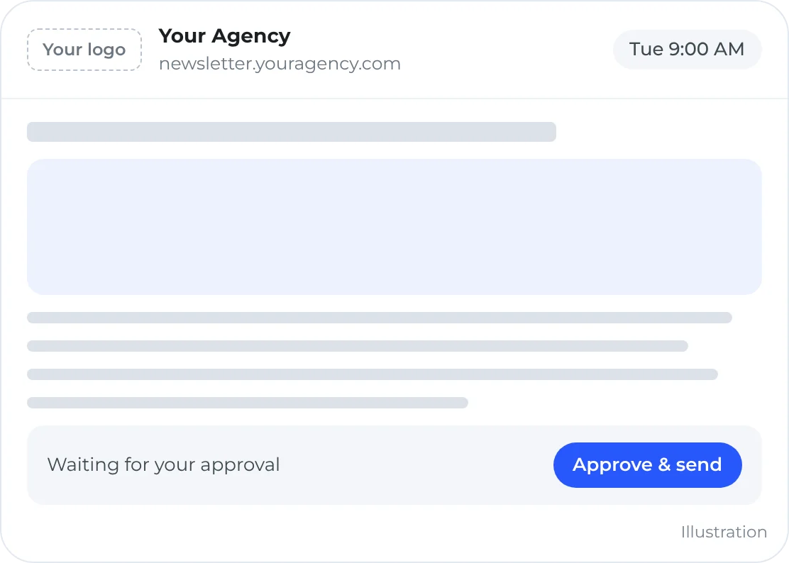 Illustration: a newsletter issue from your agency’s own domain, waiting for your approval before it sends